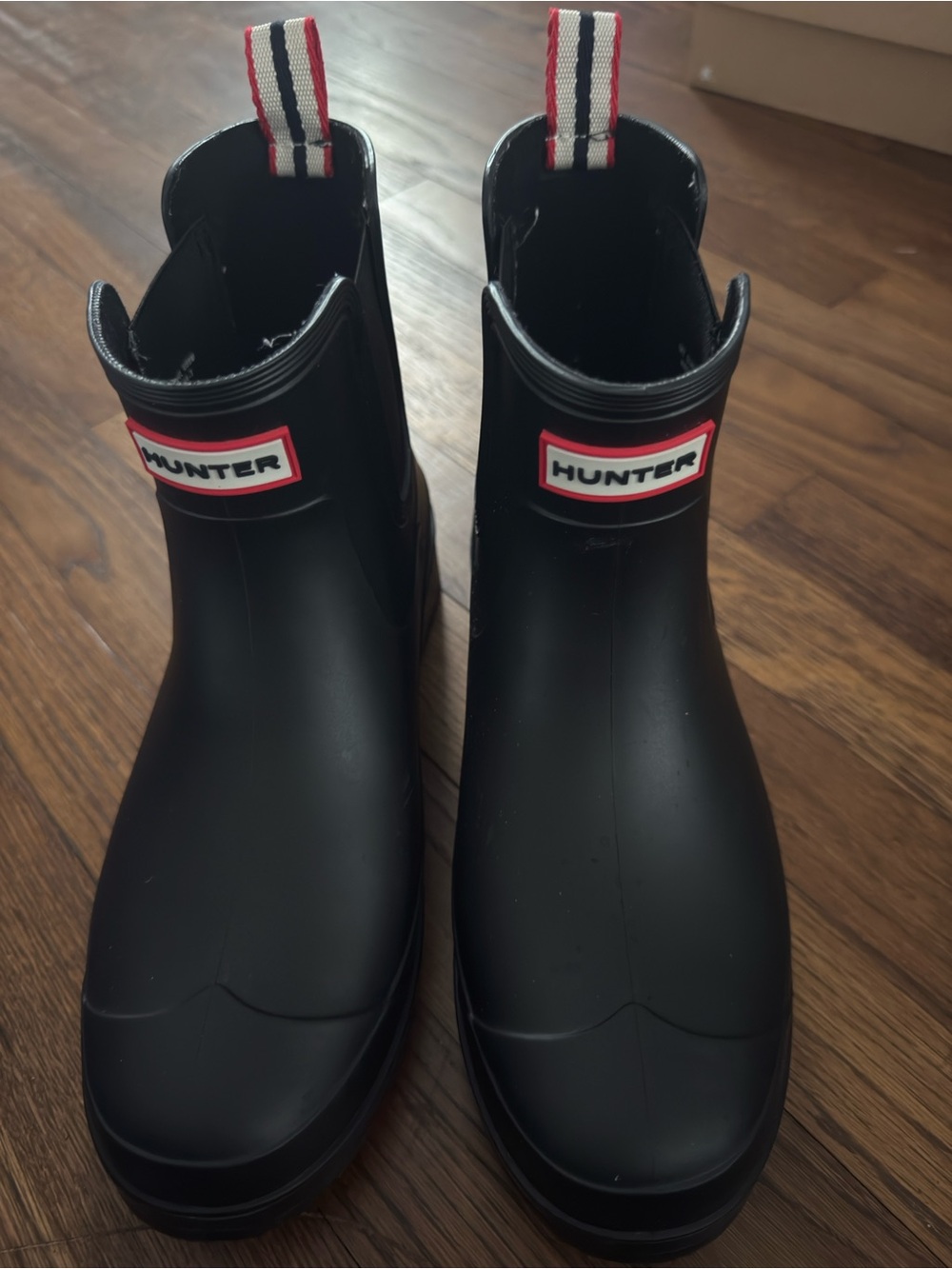 Hunter Black Short Rain Boots with Red & White Logo Tabs